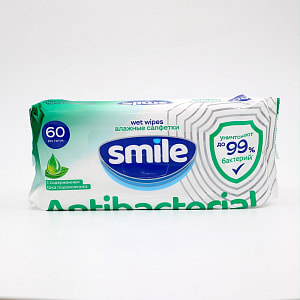 Влажные салфетки Antibacterial SMILE60 шт (12 шт/ящ) с  подорожником