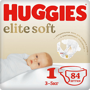 Детские одноразовые подгузники для новорожд. Huggies Elite Soft (1) Mega (3-5 кг) 84шт