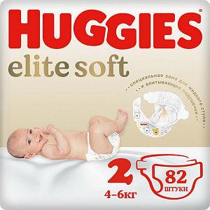 Детские одноразовые подгузники для новорожд. Huggies Elite Soft (2) Mega (4-6 кг) 82шт